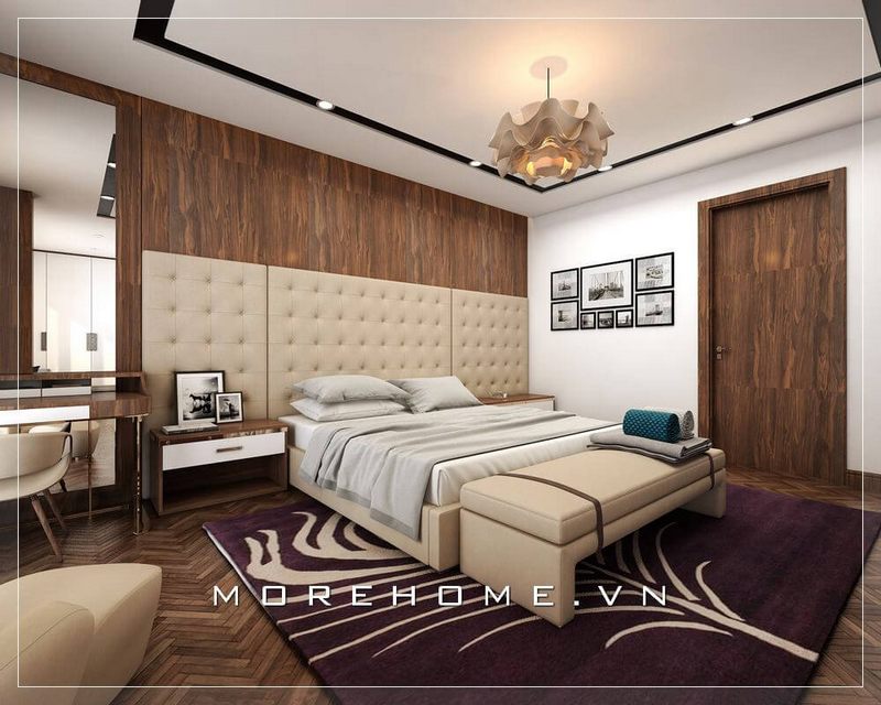 Giường ngủ hiện đại bọc da ấn tượng, phần vách đầu giường được ốp da cùng màu tạo sự êm ái, thoải mái cho gia chủ trong nghỉ ngơi và sinh hoạt
